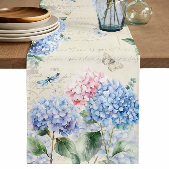 Table Runner 72 Inches Long for Kitchen Dining, Blue Hydrangea Dresser Scarf Farmhouse, Dining Table Decorations for Wedding/Parties, Pink Flowers Spring Botanical Country Plants 13 x 72 In
