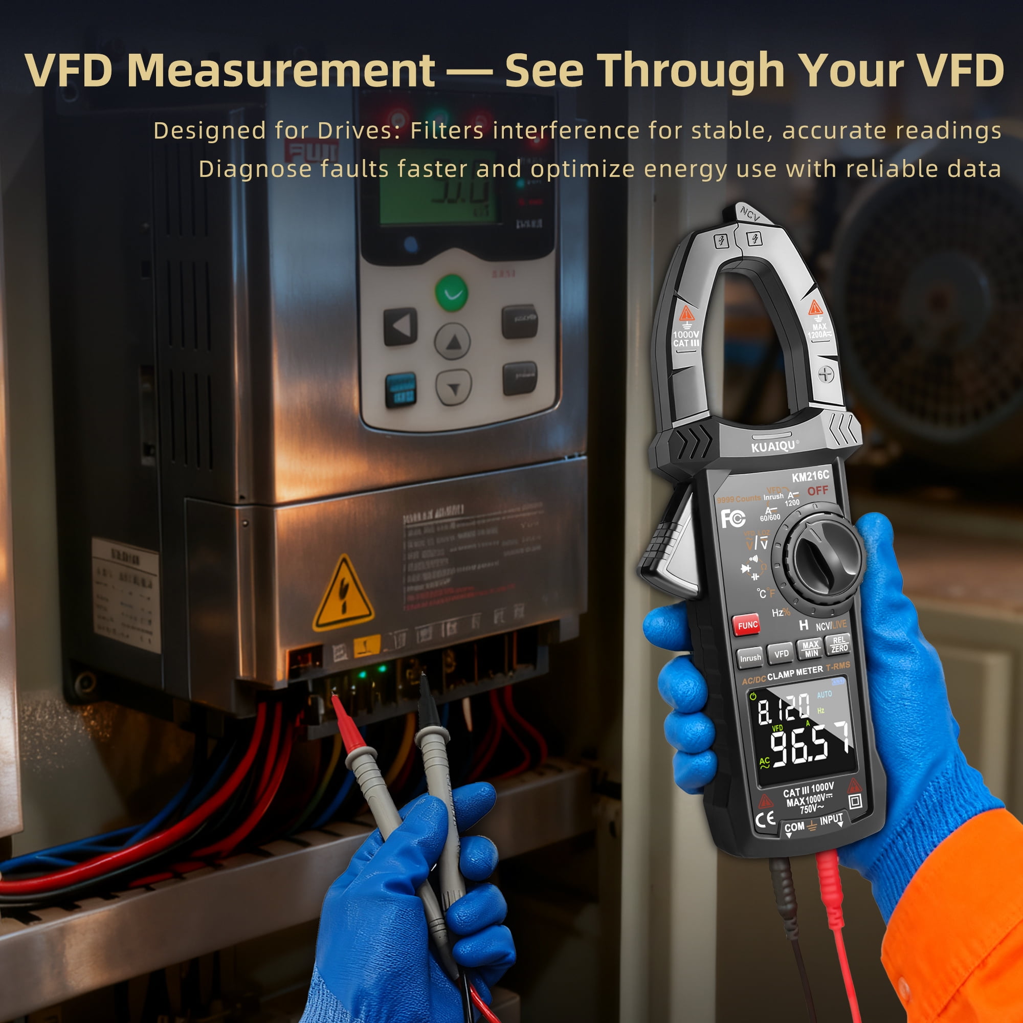 Kuaiqu Digital Clamp Meter KM216C T-RMS 9999 Counts 1200A AC/DC Current Amp Volt Meter  with VFD LOZ Mode Inrush NCV Temperature Resistance Capacitance Continuity