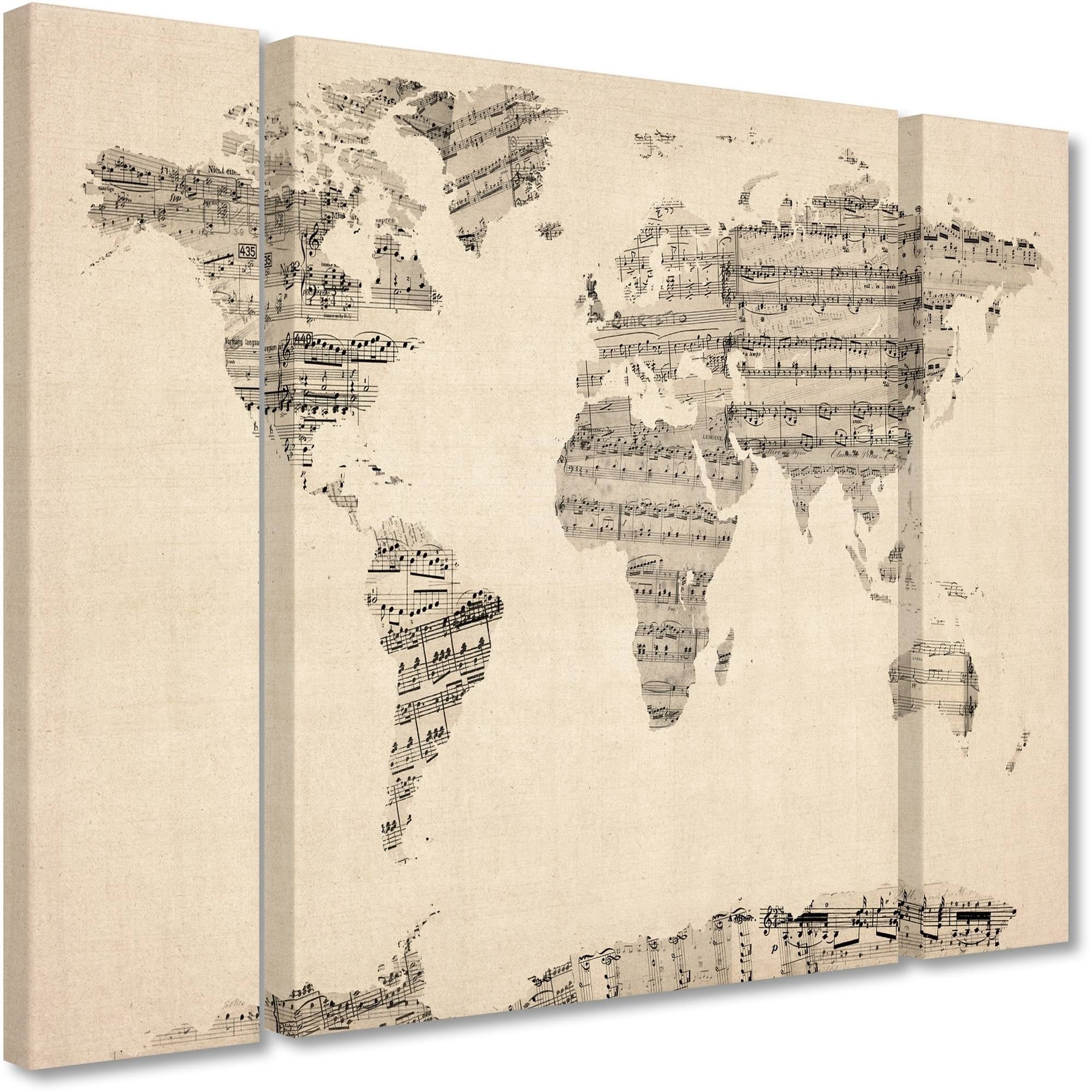 Trademark Fine Art "Old Sheet Music World Map" Canvas Art by Michael Tompsett Three Panel Set