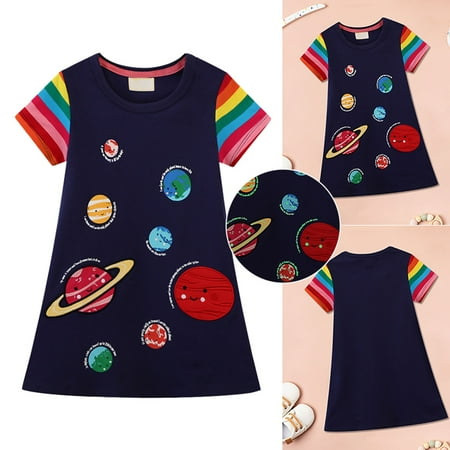

Aayomet Flower Girl Dresses For Wedding Spring And Summer New Space Planet Pattern Style Girls Dress Knitted Summer Children s Dark Blue 4 Years