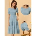 thumbnail image 2 of Vestido escalonado fruncido para mujer, cuello redondo, manga farol elástica, vestido informal de línea A Azul L, 2 of 6