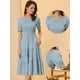 thumbnail image 2 of Vestido escalonado fruncido para mujer, cuello redondo, manga farol elástica, vestido informal de línea A Azul L, 2 of 6