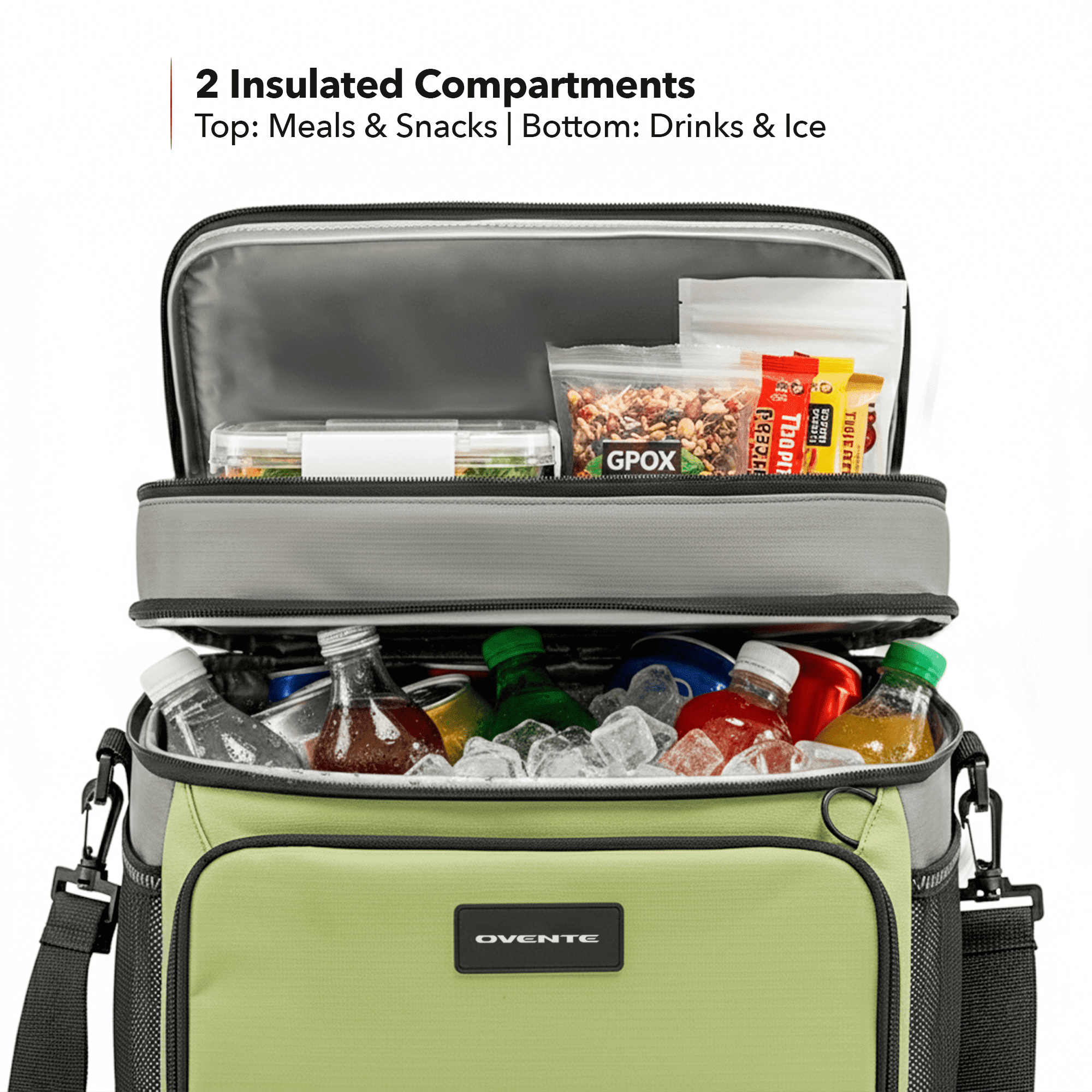 OVENTE Collapsible Soft Cooler Bag, Insulated Lunch Bag with Double-Deck Leakproof Compartments, Waterproof Exterior, Portable for Work, Travel, Beach, Camping and Road Trips, Green CCBI024GG