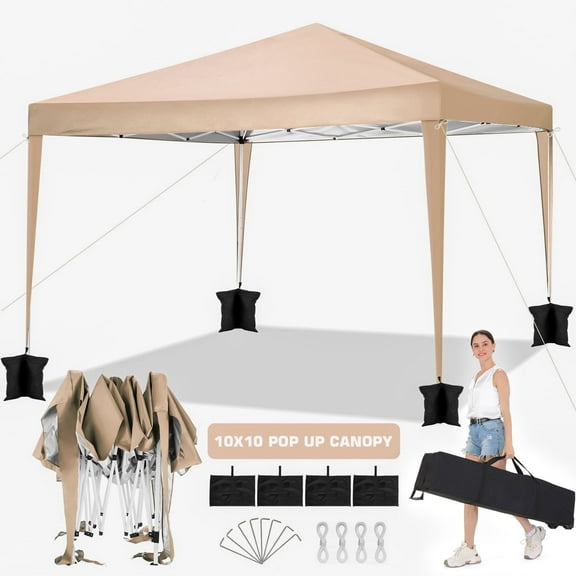 10 x 10 FT Outdoor Pop-Up Canopy, Instant Party Tent, Camping Beach Gazebo, 3 Height Adjustable with 8 Stakes, 4 Sandbags, 4 Wind Ropes, Carrying Bag, Khaki