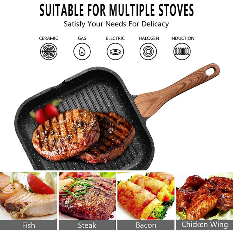 Induction Hob Griddle Grill Pan Electric Gas Halogen Frying Fish Veg Steak Meat 