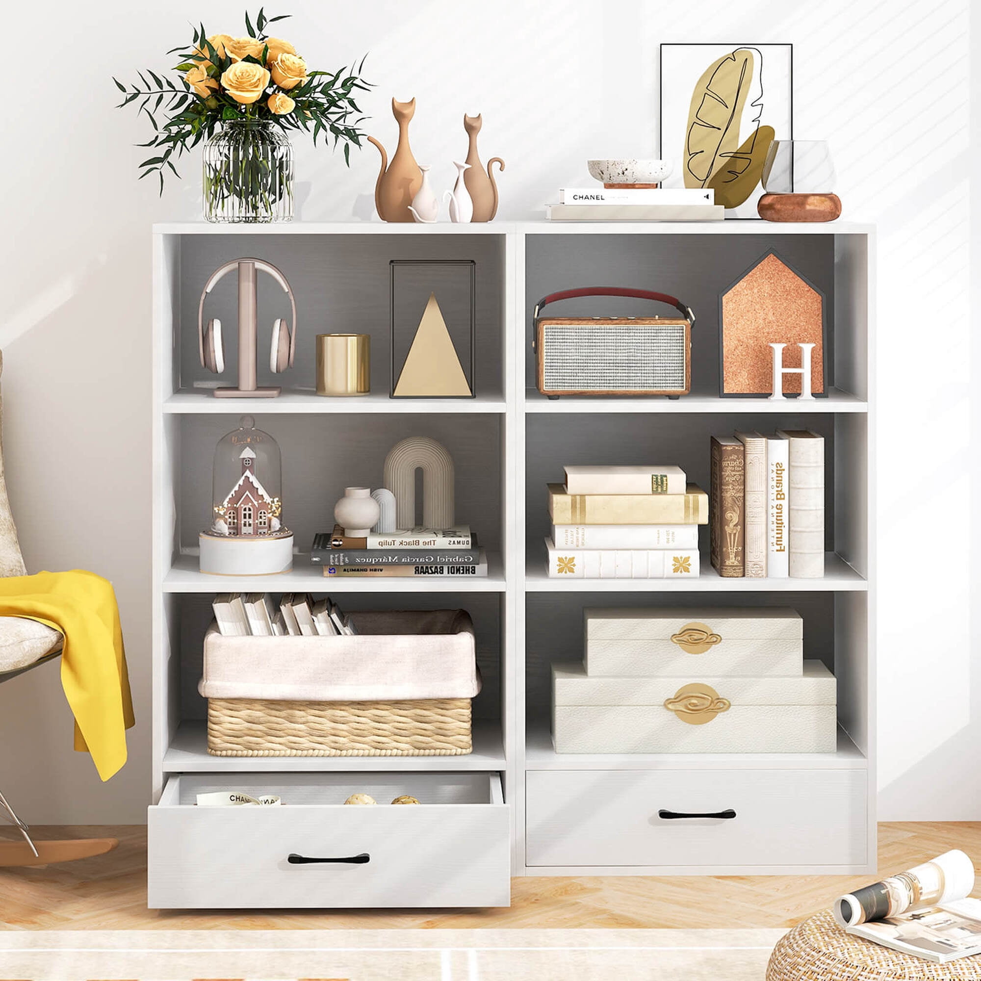 Costway 42'' Tall 4-tier Storage Shelf Wood Bookcase with Drawer Home Organizer Display Rack White