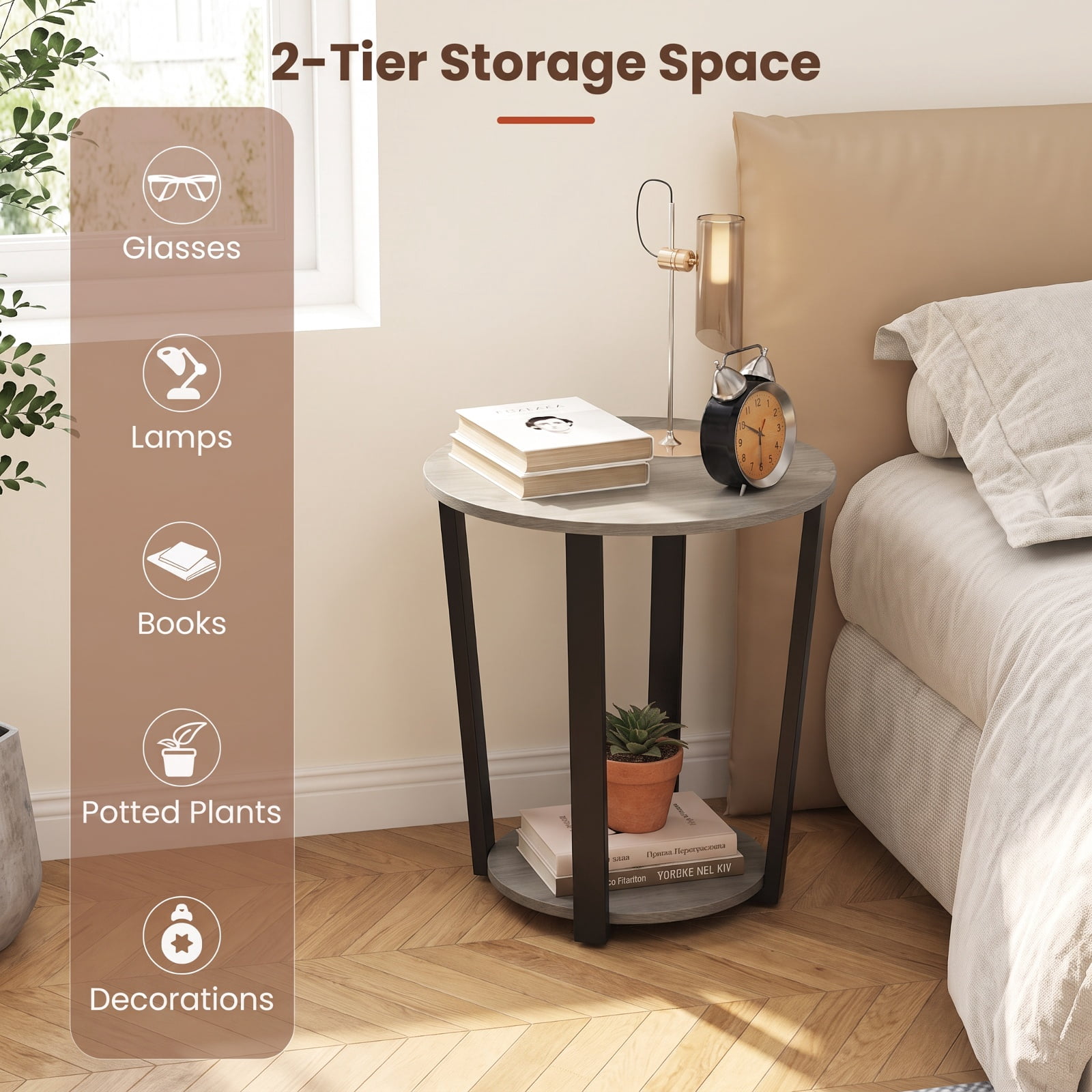 Furnibear 2 Tier Round End Table with Storage Shelf and Metal Frame for Living Room Bedroom and Office Nightstand Side Table, Oak