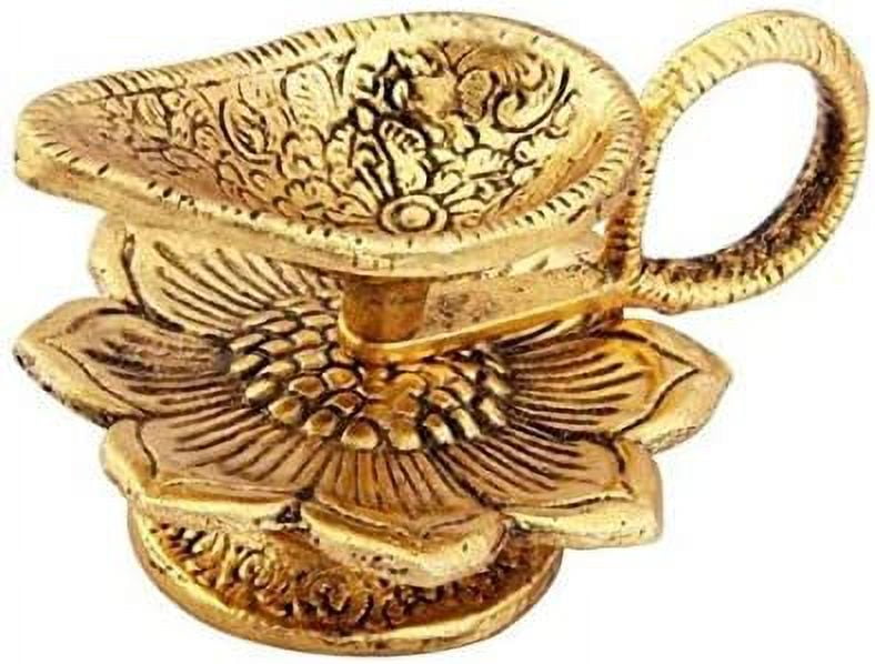 Oxidised Metal Antique Design Gold Oil Lamp With Handle/Chirag/Diya/Deepak/Dhoop Diya for Pooja (Approx. 4 x 3 inch)