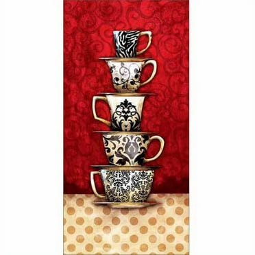 Stack of Kitchen Coffee Cup Damask Patterned Mugs Polka Dots Painting Red & Tan Canvas Art by Pied Piper Creative