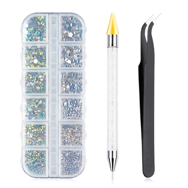 Diamante de imitación con parte trasera plana, gema de cristal AB para decoración de uñas, con pinzas y selector de diamantes de imitación, herramienta para decoración de uñas 3003