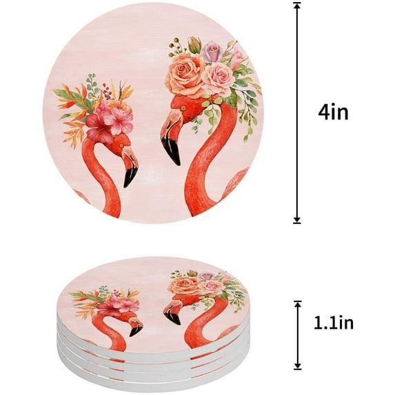 FMSHPON Pink Flamingo Set of 6 Round Coaster for Drinks, Absorbent Ceramic Stone Coasters Cup Mat with Cork Base for Home Kitchen Room Coffee Table Bar Decor