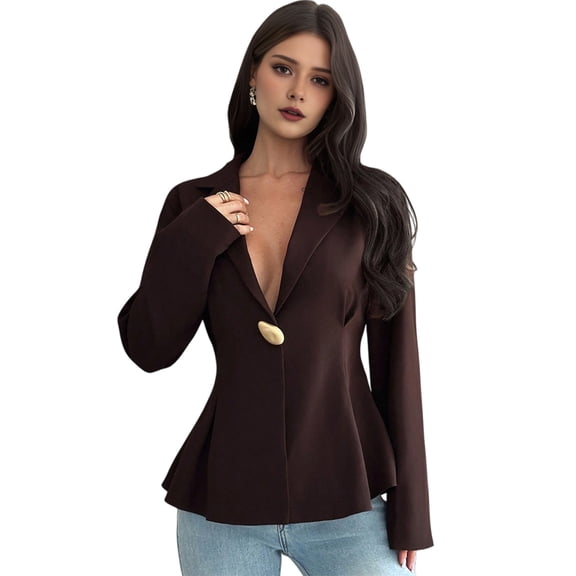 Women Casual Work Office Elegant Open Front Premium Blazer Jacket Brown S