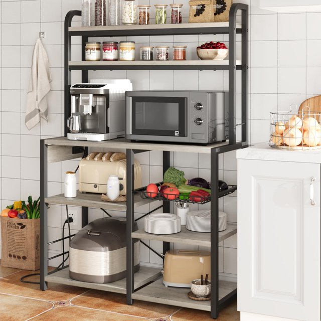Bakers Rack with Power Outlet, Coffee Bar with Wire Drawer, Industrial Microwave Stand, Kitchen Buffet Table with Large Storage, 6-Tier Kitchen Storage Rack with Hutch, Rustic Brown