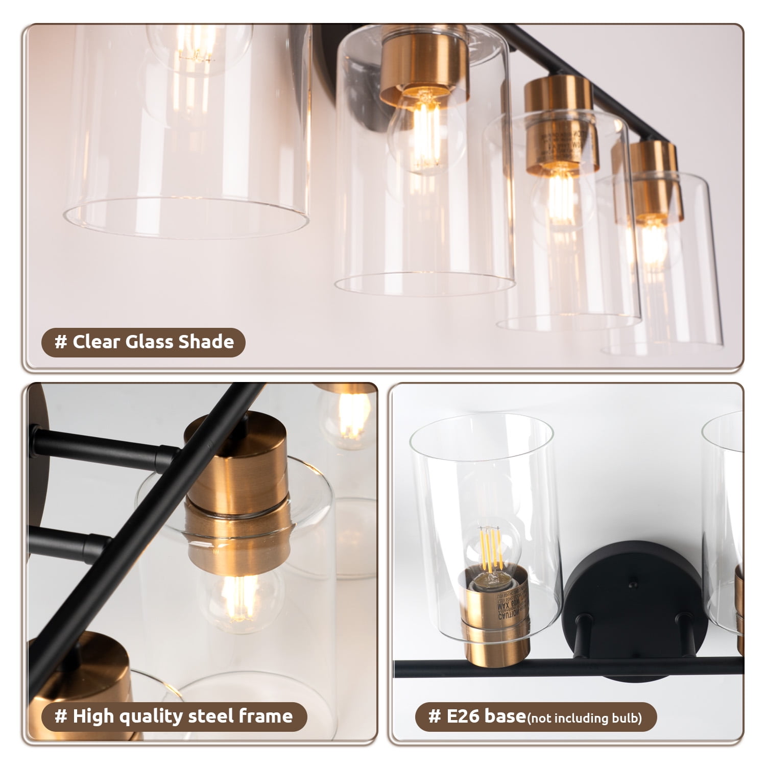 4-light Bathroom Light Fixtures, 27.6" Modern Vanity Lights Over Mirror With Clear Glass Shades, Black & Copper Light Fixture, Classic Wall Light Fixture For Mirror, Bulbs Not Included