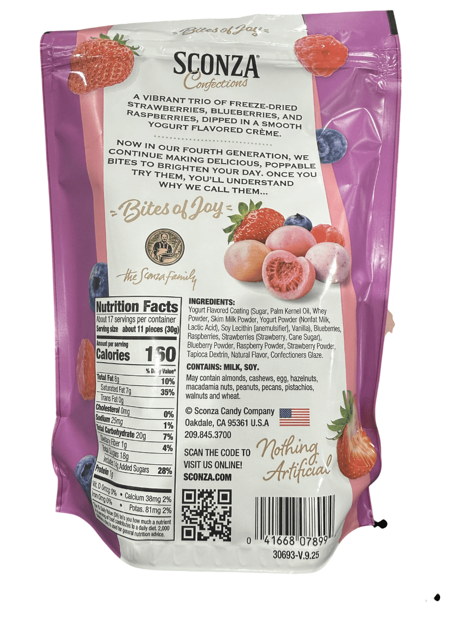 Sconza Triple Berry Freeze-Dried Berries Covered in Yogurt Flavored Crème, Strawberry Blueberry Raspberry Candy Snack, Resealable Bag, 18 Oz