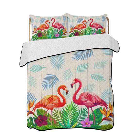 Full Size Quilt Bedding Set, Pink Flamingos Reversible Summer Quilt 3 Pieces, Wooden Vintage Summer Botanical Tropical Lightweight Bedspreads Coverlets with 2 Pillow Shams for All Seasons
