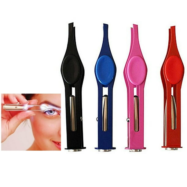 2 Stainless Steel Precision Tweezer LED Light Eyelash Eyebrow Face Hair