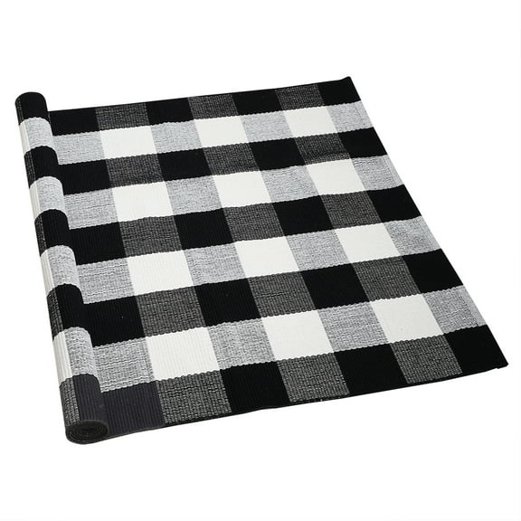 PiccoCasa Cotton Area Rug Plaid Doormat Rug, Black & White, 59"x 35"