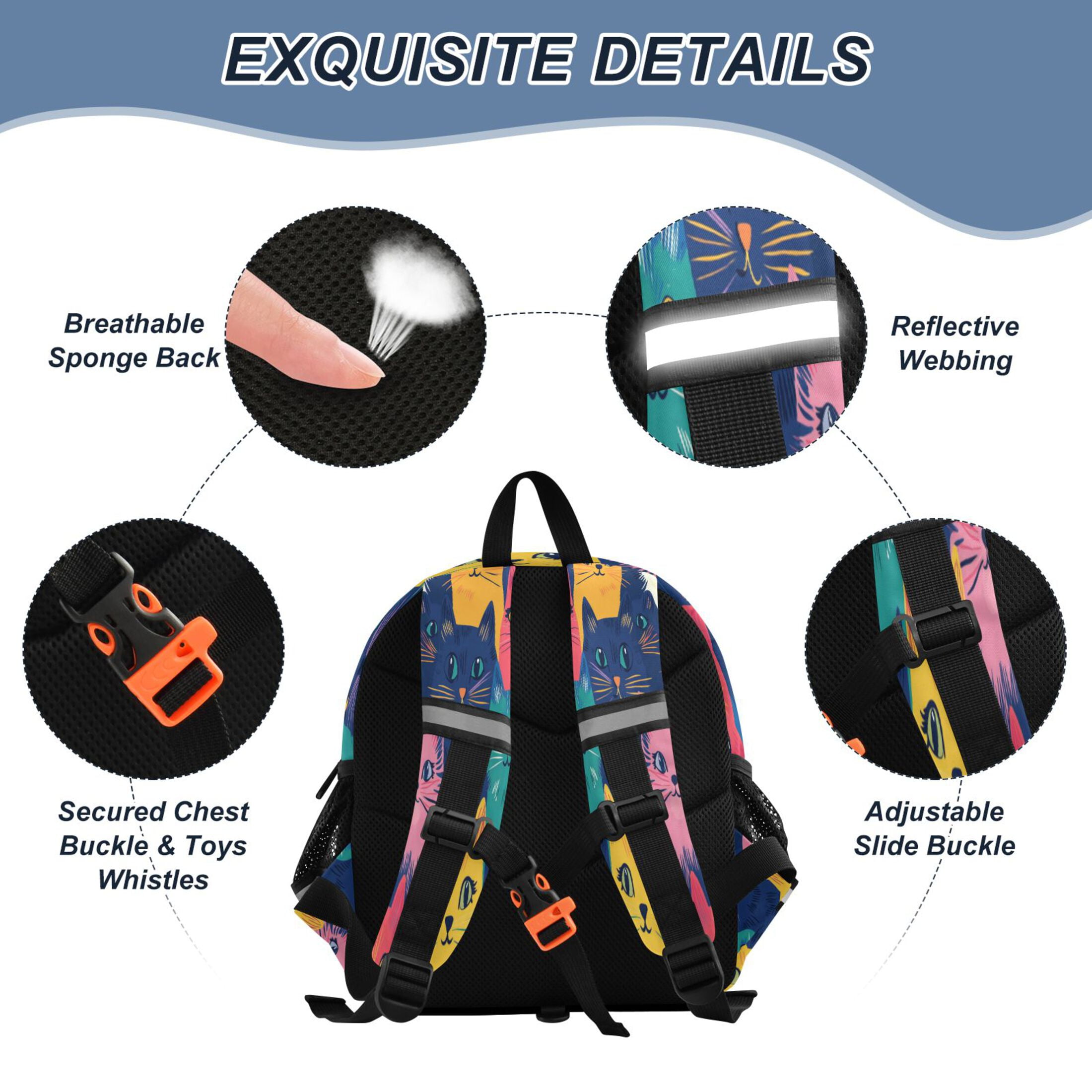 RMDQTR Adorable Ear-Print Backpack with Reflective Strip and Anti-Lost Leash Adjustable Shoulder Straps Mini Travel Backpack Cute Colorful Cats Pattern