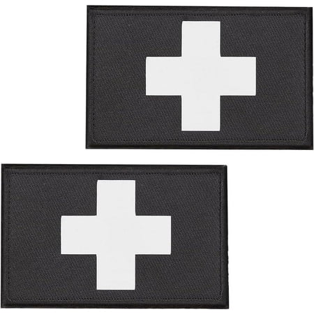 4Pcs Medic Black Cross Patch Morale Hook and Loop Badge First Aid Patch Cross Pattern Relief Decorative Applique Sewing Patches for Backpack Bag Hat Clothes Jackets Uniform