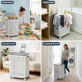 thumbnail image 3 of 90l lAUNDRY bASKET WITH wHEELS, rOLLING lAUNDRY hAMPER WITH lID AND hANDLES, pLASTIC rATTAN cLOTHES oRGANIZER, dIRTY cLOTHES bASKET FOR lAUNDRY rOOM, bEDROOM, dORMITORY sTORAGE, 3 of 8