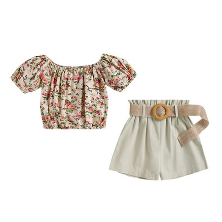 

Toddler Girl Outfits Kids Short Bubble Sleeve Floral Print Tops Bowknot Solid Shorts Pants With Belt Three Piece Clothing Sets for Girls Size 3-4T