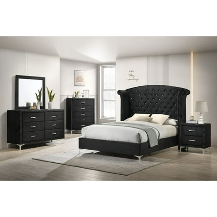 Modern Glamourous 6pc King Size Bed Dresser Mirror Nightstands Chest Bedroom Set Black Velvet Upholstery Furniture