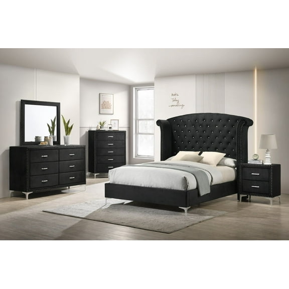 Modern Glamourous 6pc Queen Size Bed Dresser Mirror Nightstands Chest Bedroom Set Black Velvet Upholstery Furniture