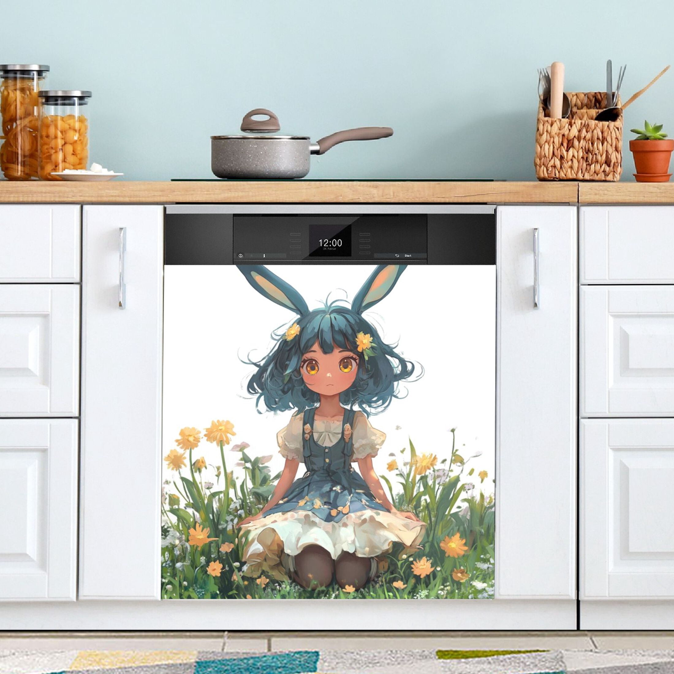 Dishwasher Magnetic Sticker 23x26 Inch Refrigerator Magnetic Sticker Washing Machine Magnetic Sticker Kitchen Panel Magnetic Sticker Home Decor Cartoon Blue Rabbit