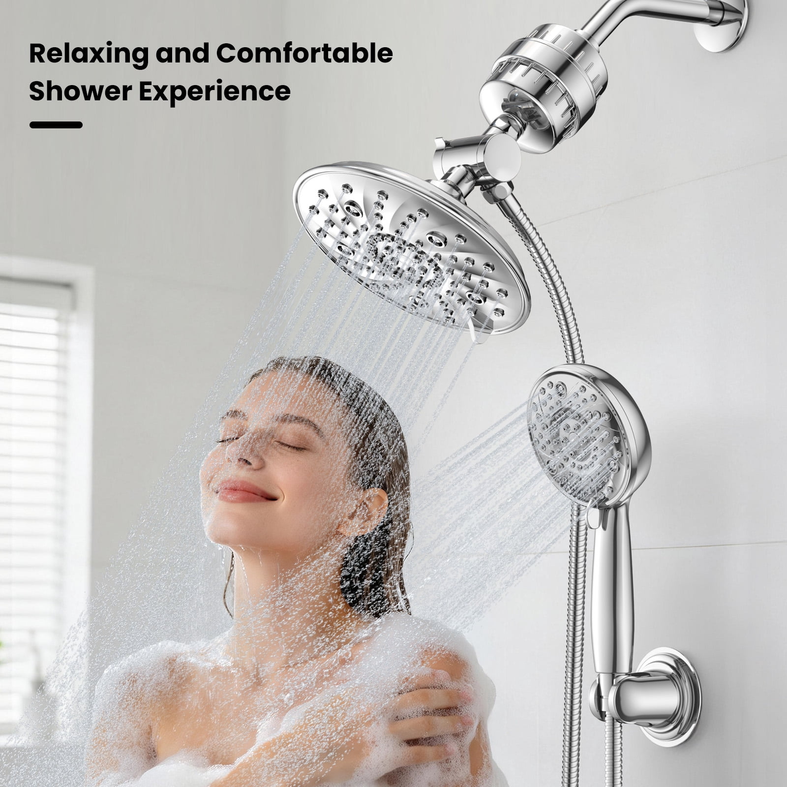 FETERVIC 8'' Dual Filtered Rainfall Shower Head Combo, 7-spray Shower Head, 8 Settings High Pressure Handheld Shower Head, 20 Stage Shower Filter, 3-Way Filter Rain Shower Head, Chrome