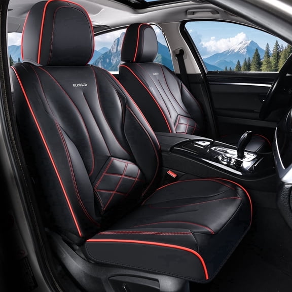 FLORICH Leather Car Seat Covers, Waterproof Front Seat Covers for Cars, Automotive Seat Protector Fit for Most Car SUV Truck, Black & Red Line