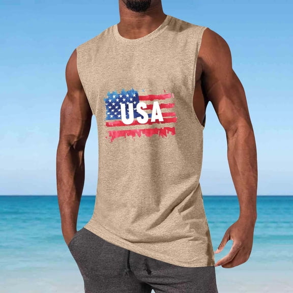 SELONE Mens Tank Tops Graphic 4th of July Graphic Outfits Summer Vacation Sleeveless Star Strip Clothes Beige 2XL