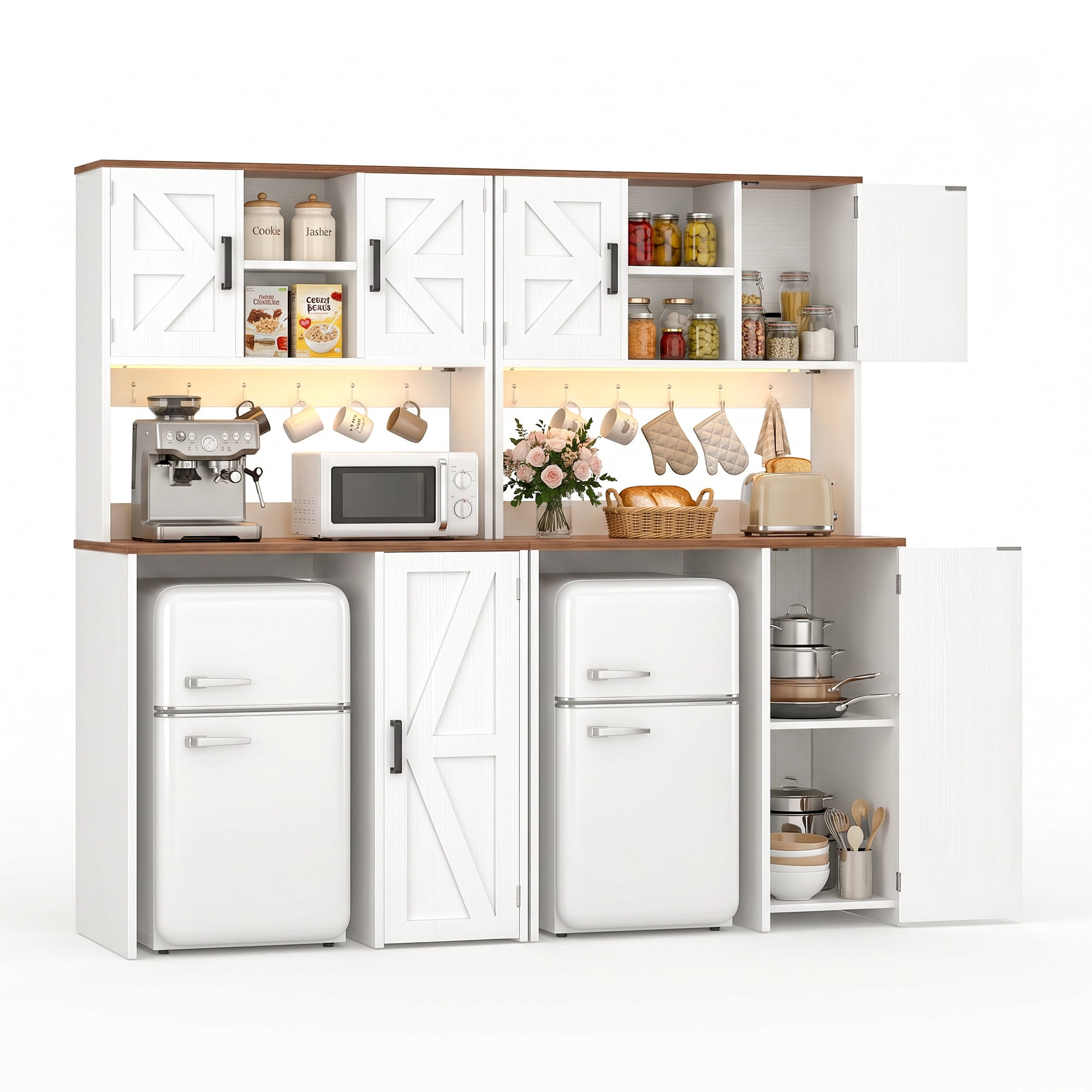 Homieasy 2-Piece Beverage Station Set - Mini Fridge Cabinet & Coffee Bar with Charging Hub, LED Light, Microwave Shelf & Wine Storage, Perfect for Kitchen, Dorm & Office,White