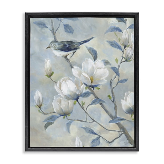 Stupell Industries Shabby Chic Blue Bird in Magnolia Tree Black Floating Frame Canvas Art, 17 x 21, by Nan