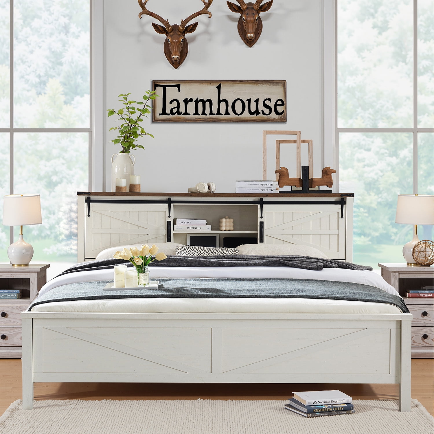 OKD Modern Farmhouse King Platform Bed with Bookcase Headboard Storage and Charging Station, No Box Spring Needed, Anitique White