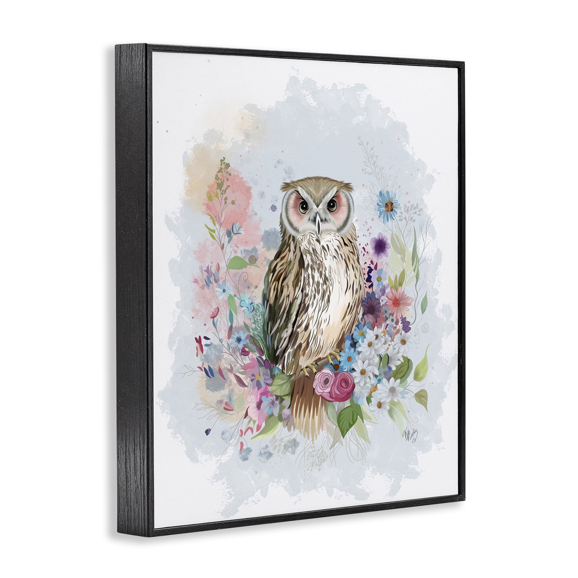 Stupell Industries Owl & Floral Garland Animals & Insects Painting Black Framed Art Print Wall Art, 16 x 20