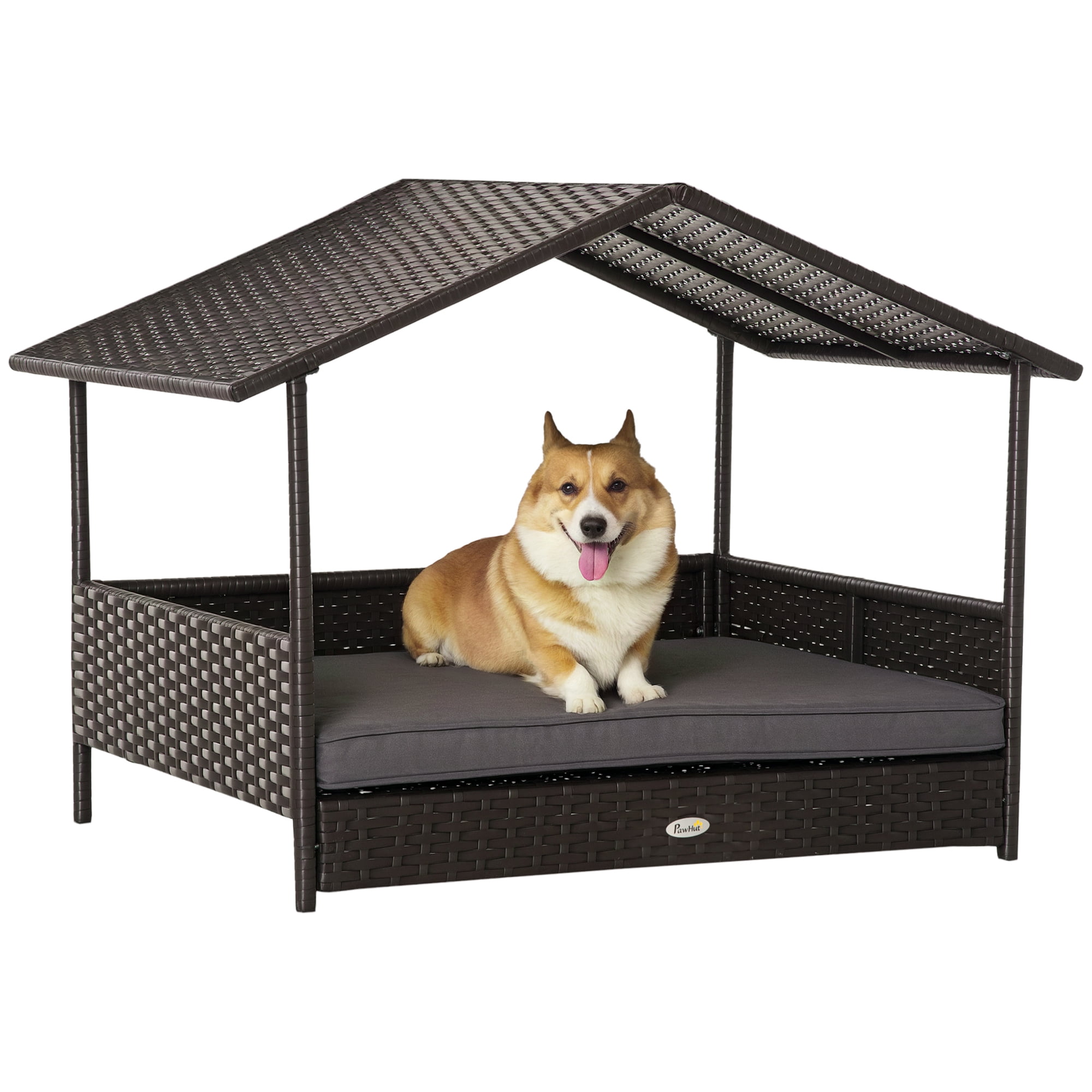 PawHut Wicker Dog House Elevated Raised Rattan Bed for Indoor/Outdoor with Removable Cushion Lounge, Gray