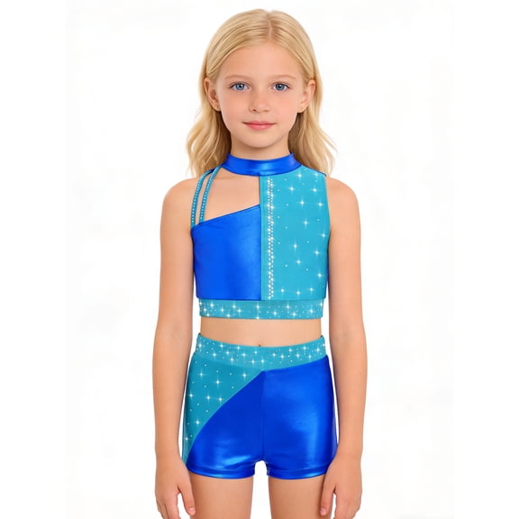 vastwit Kids Girls Cheerleading Outfit Sleeveless Color Block Sparkly Dance Crop Top with Gymnastics Shorts Set Royal Blue 14