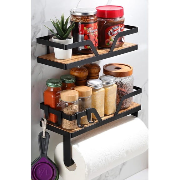 Paper Towel Holder - Kitchen Towel Holder with Shelf Wooden Spice Rack Organizer with 4 Hooks(Self-Adhesive & Wall Mounted)