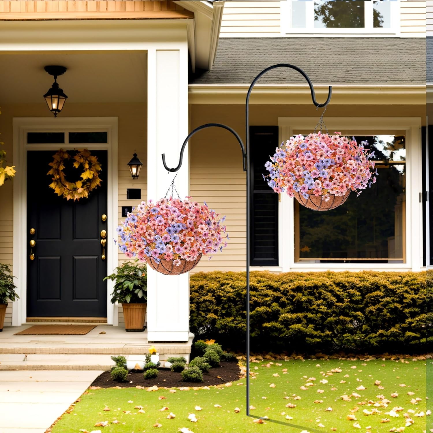Artificial Silk Flowers Hanging Basket for Outdoor Indoor, Daisy with Eucalyptus Leaves Arrangement for Garden Yard Spring Decor, Faux Green Plant in Metal Coconut Lining Pot(Purple Pink)