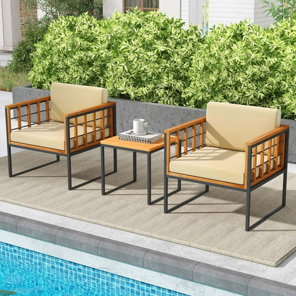 Costway 3 PCS Patio Chair Set Acacia Wood Sofa Set with Metal Support Soft Seat Cushions