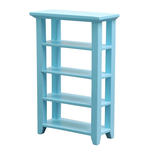 Estantería Dollhouse en miniatura 1:12 de madera azul con almacenamiento de 4 niveles