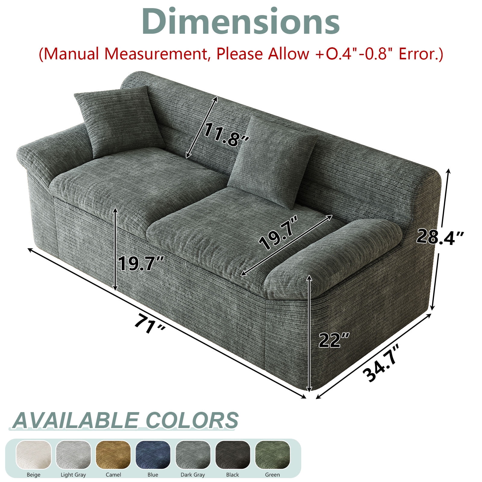 Modular Sectional Sofa 71 Inch, L-Shaped Couch with Deep Seat and Corduroy Fabric, Comfy Loveseat for Living Room and Apartment, No Assembly Required, Dark Gray