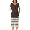 thumbnail image 6 of successthop Capri Pajamas for Women Set Lightweight Plus Size Striped Short Sleeve Button 2 Piece Loungewear 2XL Brown, 6 of 7