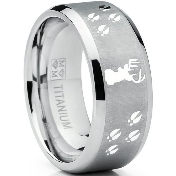 9MM Sating Finish / High Polish Deer Track Titanium Ring Wedding