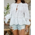 thumbnail image 4 of Women's Tie Front Peplum Blouses Puff Long Sleeve Babydoll Bow Shirts Hollow Out Eyelet Lace Tops, 4 of 7
