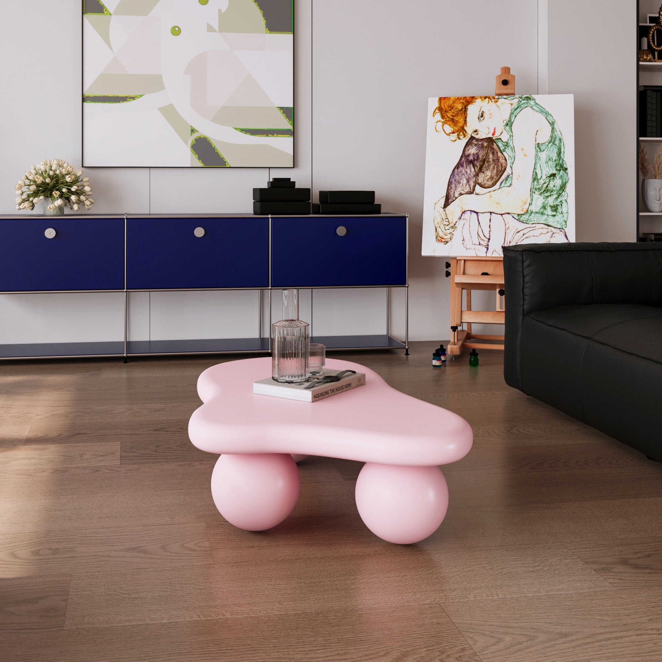 Noble House 40" Cloud Shaped Coffee Table with Ball Legs, Modern Aesthetic Accent Table for Living Room, Pink