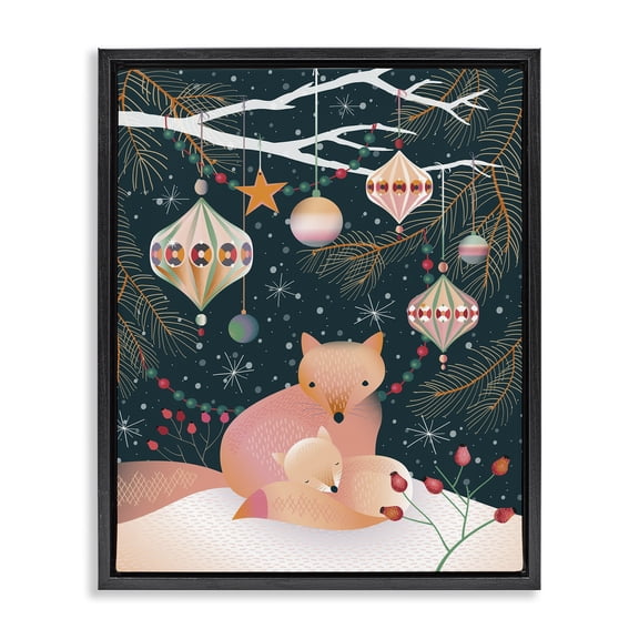 Stupell Industries Cottage Winter Foxes Beneath Tree Black Floating Frame Canvas Art, 17 x 21, by Verbrugge Watercolor