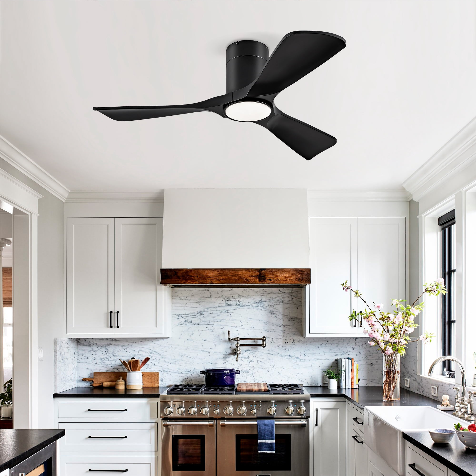 Ceiling Fan with Lights, 42 Inch Flush Mount Remote Control ABS Blades Ceiling Fan for Bedroom Farmhouse Home, Black