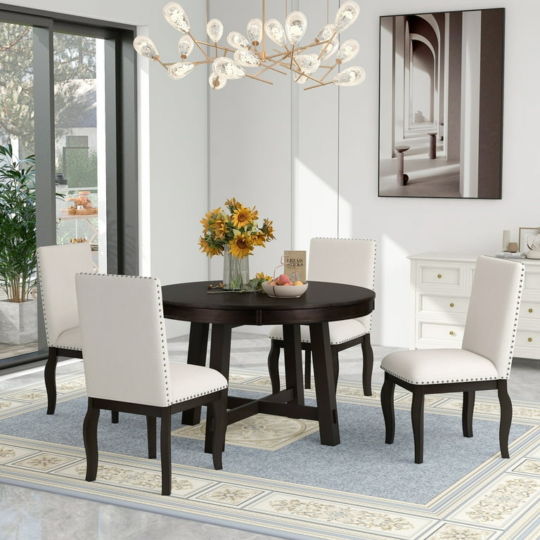 Dark wood dining best sale table with white chairs